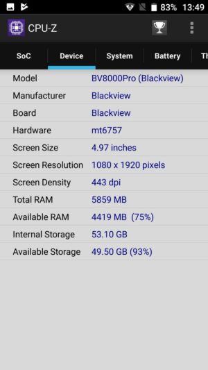 「Blackview BV8000 Pro」CPU-Z