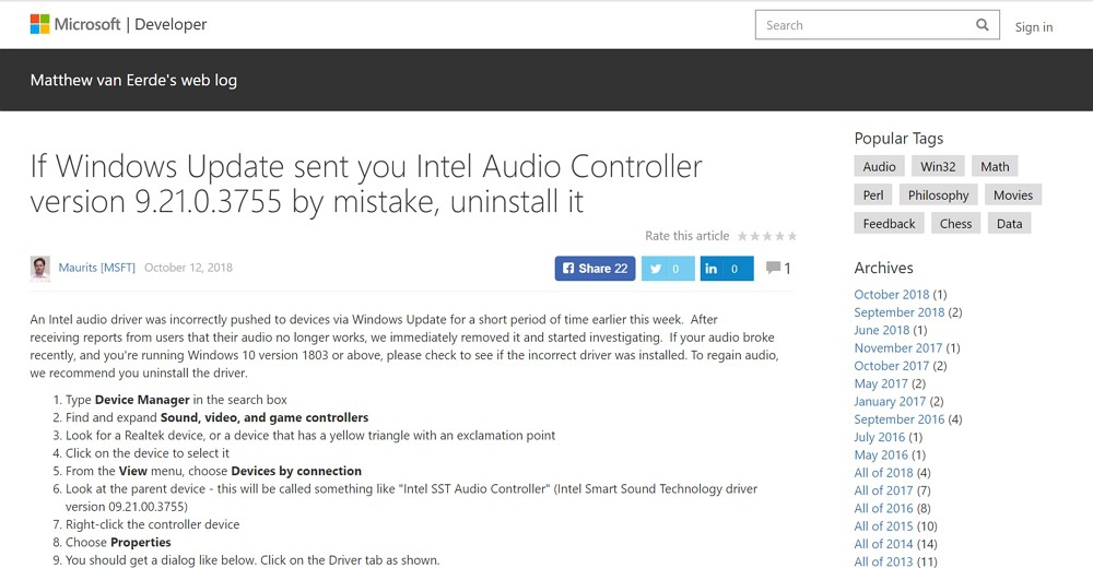 Windows 10 バージョン 1803以降で「Windows Update」適用後にパソコンから音が出なくなる不具合あり。該当ユーザーは再度アップデートを。