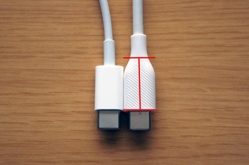 「Amazonベーシック USB-C ライトニングケーブル」の端子部分の大きさ/サイズの実測値（高さ・幅・厚さ）
