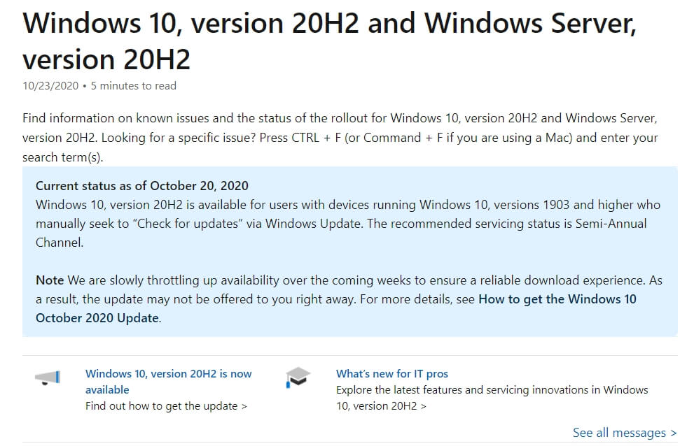 Windows 10 October 2020 Update（20H2）：不具合情報まとめ