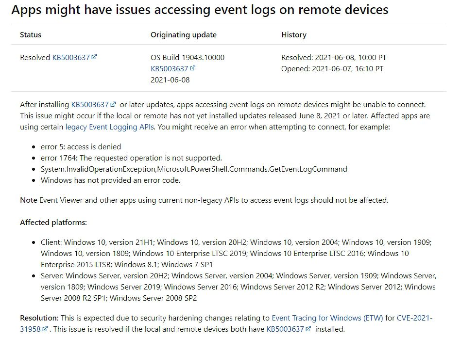 Windows 10：KB5003637を適用した一部環境でリモートデバイスのイベントログにアクセスできない不具合が発生。ただし解決方法あり。