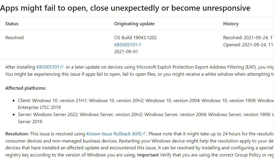 Windows 10：KB5005101で発生したアプリやファイルが開けないなどの問題はロールバック「KIR」で解決済み