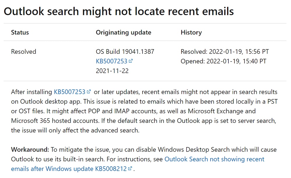 Windows 10のOutlook検索問題がKIRにて修正。ユーザーは別途作業の必要はなし