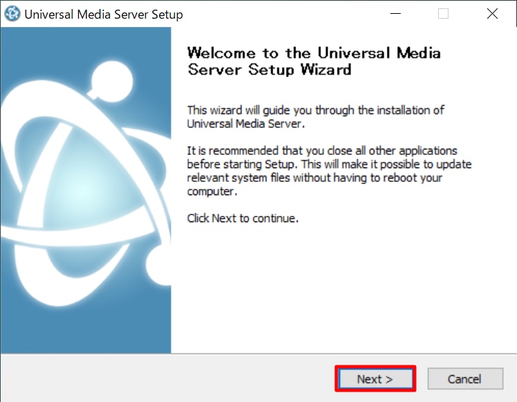 Universal Media Serverのセットアップウィザードが起動するので「Next」をクリック。