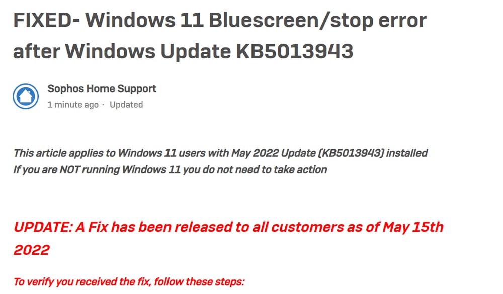 Windows 11：「KB5013943」と「Sophos Home」併用でブルースクリーン発生の不具合あり。早急にSophosのアップデート適用を