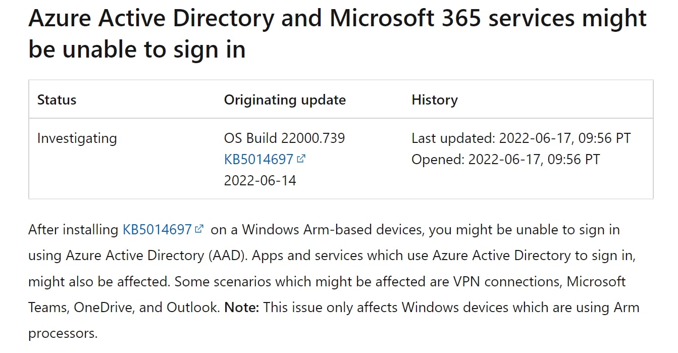 Windows 10/11：2022年6月の月例パッチ適用後、ArmベースのデバイスでVPN接続やMicrosoft Teams、OneDrive、Outlookなどの利用に問題が発生中