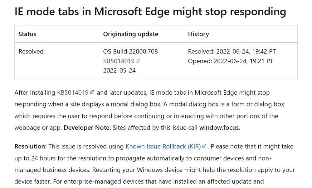 Windows 10/11：パッチ適用後Microsoft EdgeのIEモードタブが応答しなくなる不具合が発生もKIRにて解決済み