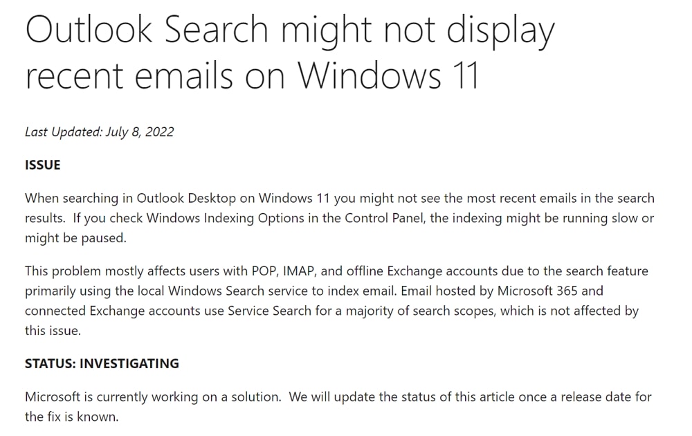 Windows 11の「Outlook」で再び最近のメールが検索結果に表示されない不具合が発生、暫定の対処方法あり