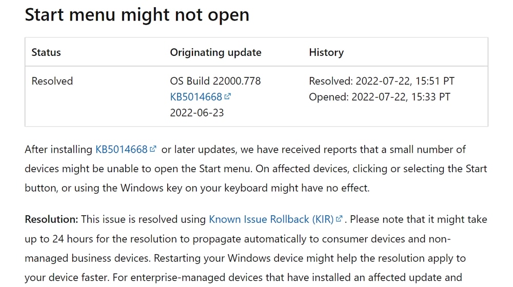 Windows 11で「スタート」画面が開かない不具合が発生も、KIRにて解決済み