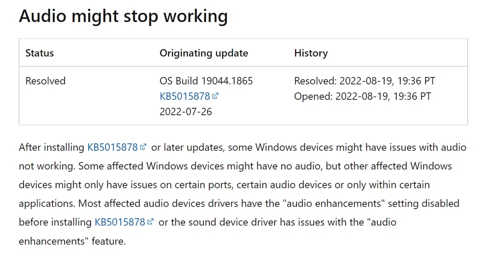 Windows 10：7月のオプションパッチ「KB5015878」以降適用で音が出なくなる不具合が発生、KIRにて解決済みも不具合は自分で修正する必要あり
