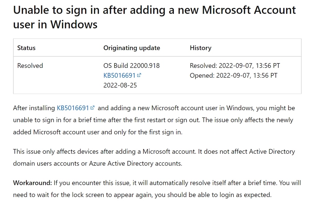 Windows 11で2022年8月のオプションパッチ「KB5016691」適用後、Microsoftアカウントでログインできない不具合が発生も、現在はKIRにて解決済み