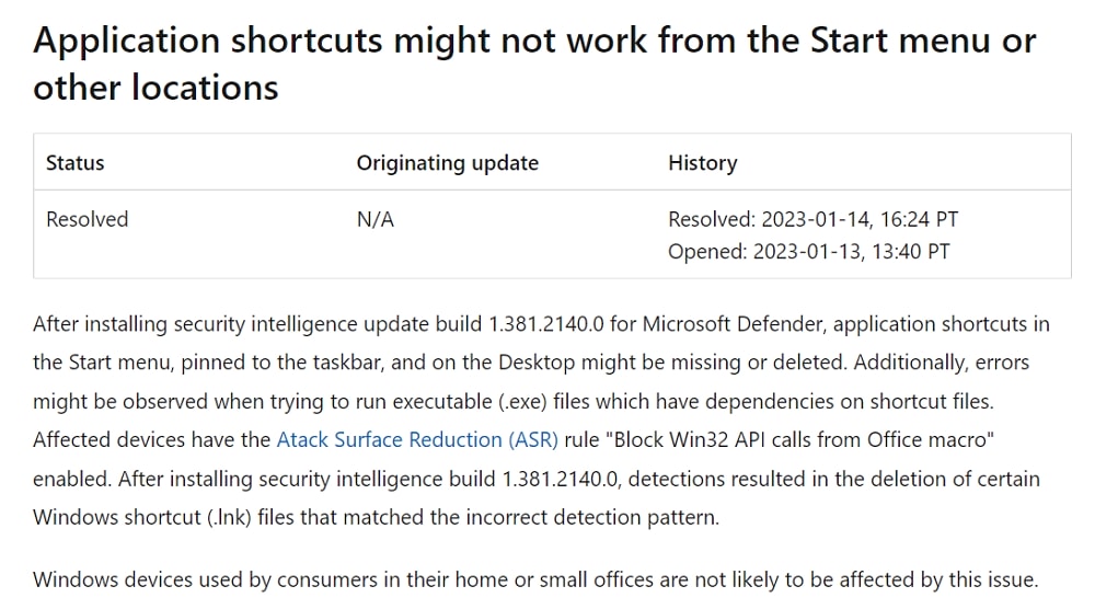 Microsoft Defenderがウィンドウズのショートカットを削除する不具合が一部で発生