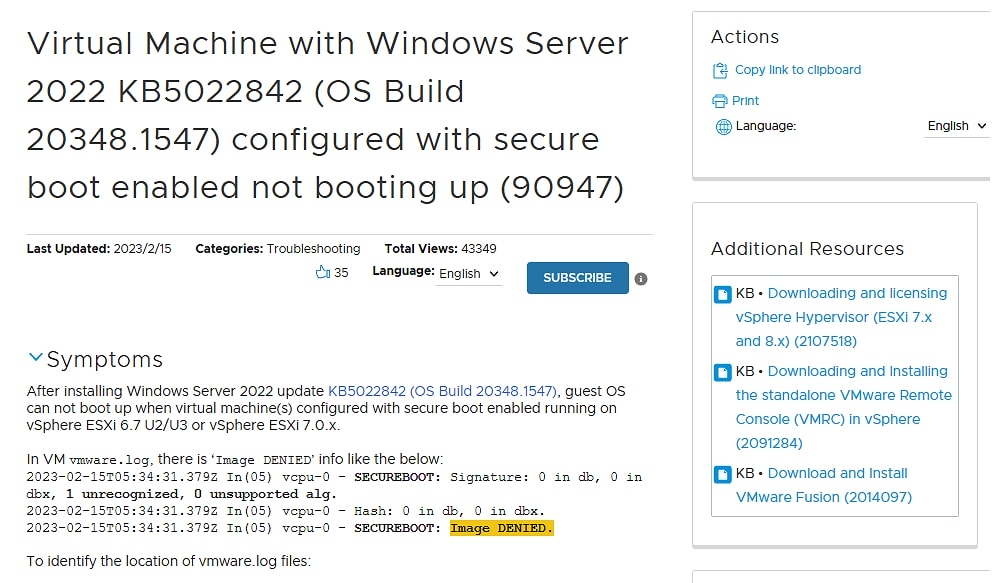 2月の月例パッチ「KB5022842」適用で一部のWindows Server 2022のVMが壊れて起動しなくなるとの不具合報告あり