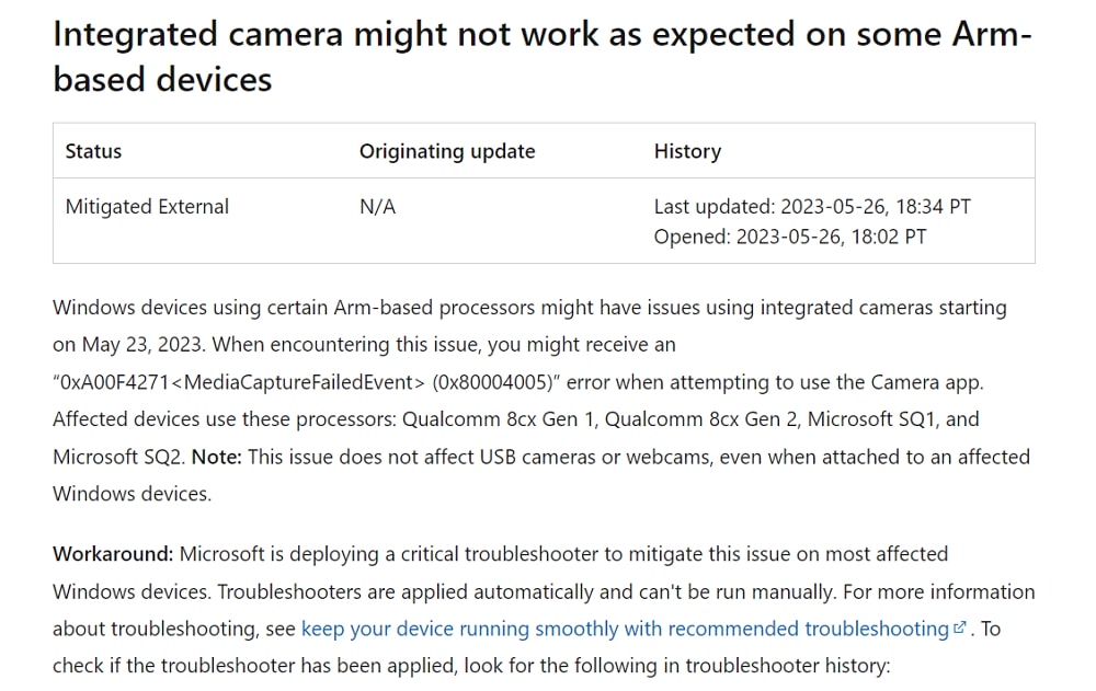ArmベースのWindows 10/11デバイスで内蔵カメラが動作しない不具合が発生