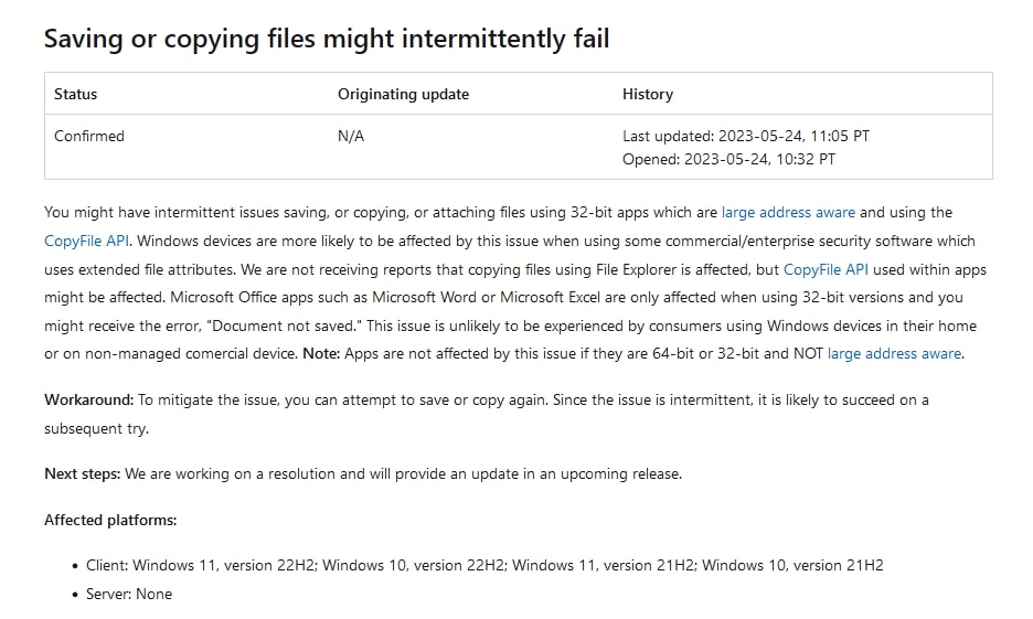 Windows 10/11でファイルのコピーおよび保存が正常にできない問題が発生も影響は限定的か