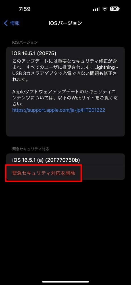 iOS16.5.1(α)のアンインストール方法