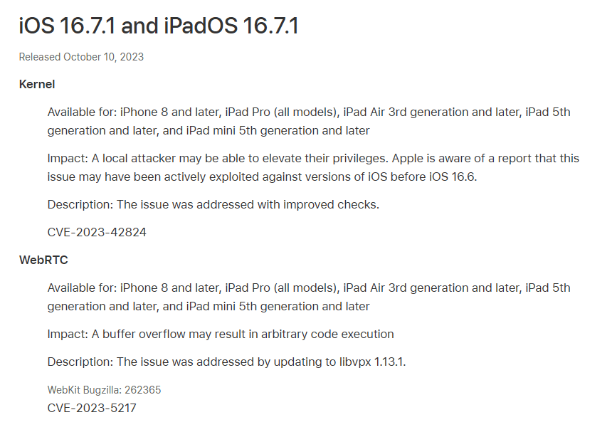 Appleが旧モデル向けにiOS16.7.1をリリース、悪用の事実があるゼロデイ脆弱性が修正されているので早急に適用を