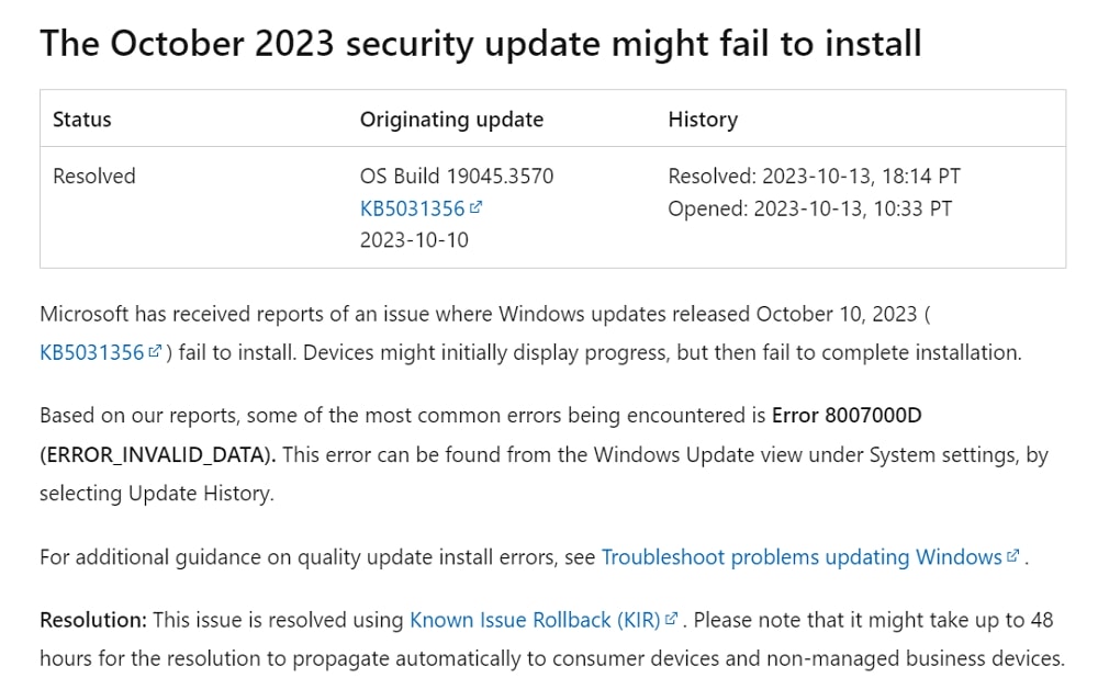 Windows 10で10月の月例パッチ「KB5031356」のインストールに失敗し8007000Dエラーが表示される問題が一部環境で発生もKIRにて修正済み