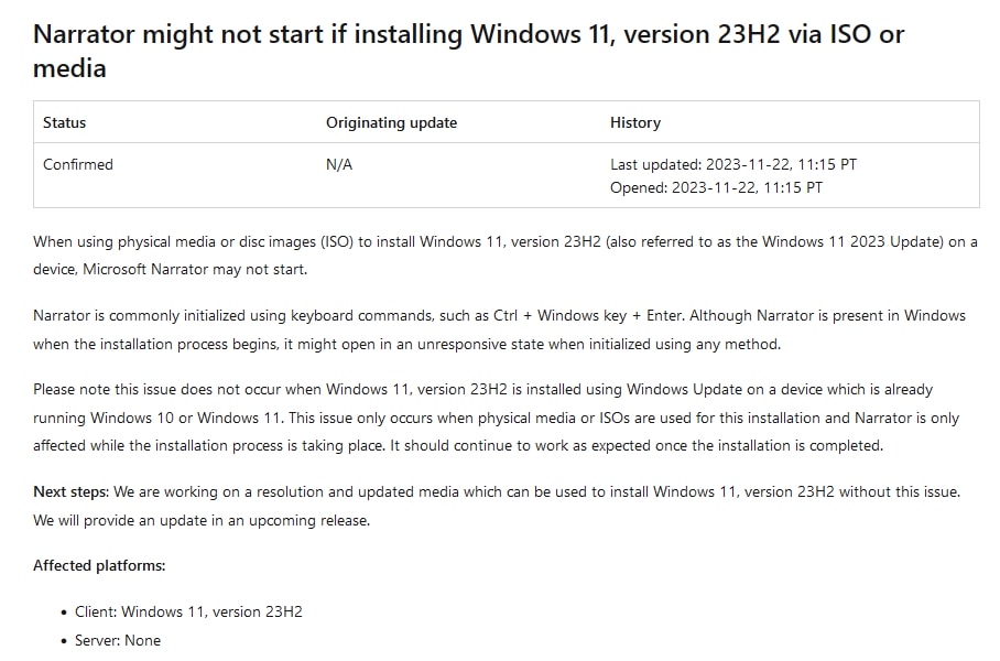 Windows 11 23H2のクリーンインストール中に「ナレーター」が起動しない不具合が発生中