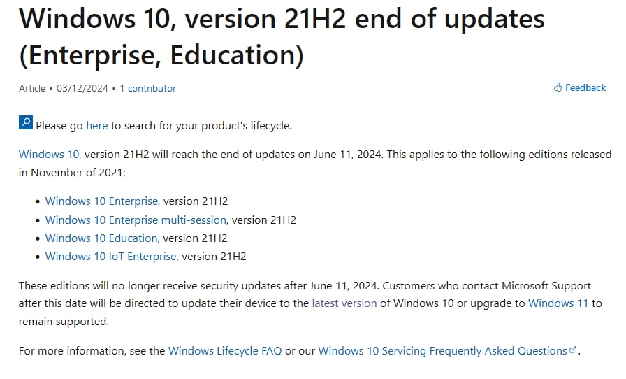 Windows 10 21H2のEnterprise/Educationエディションが6月11日にサービス終了！早めに22H2へアップグレードを！