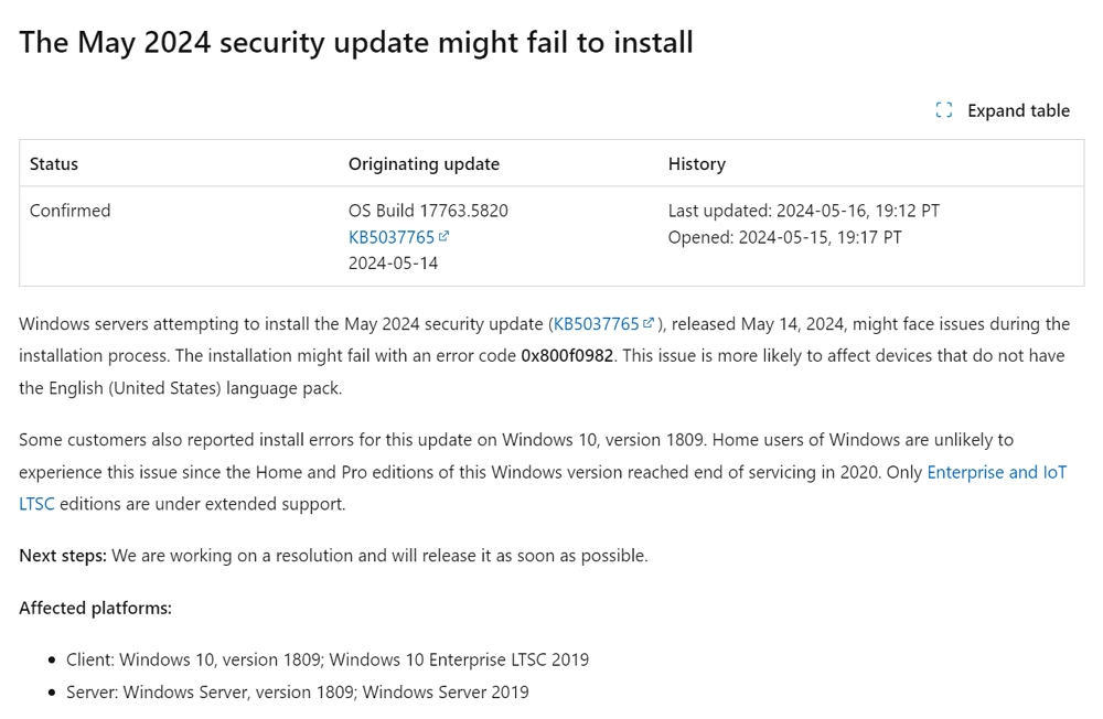 Windows Server 2019：KB5037765が0x800f0982エラーで更新に失敗する不具合が発生中