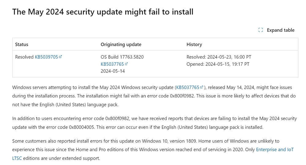 Windows Server 2019に緊急パッチKB5039705が配信開始！KB5037765が0x800f0982エラーで更新に失敗する不具合に対処