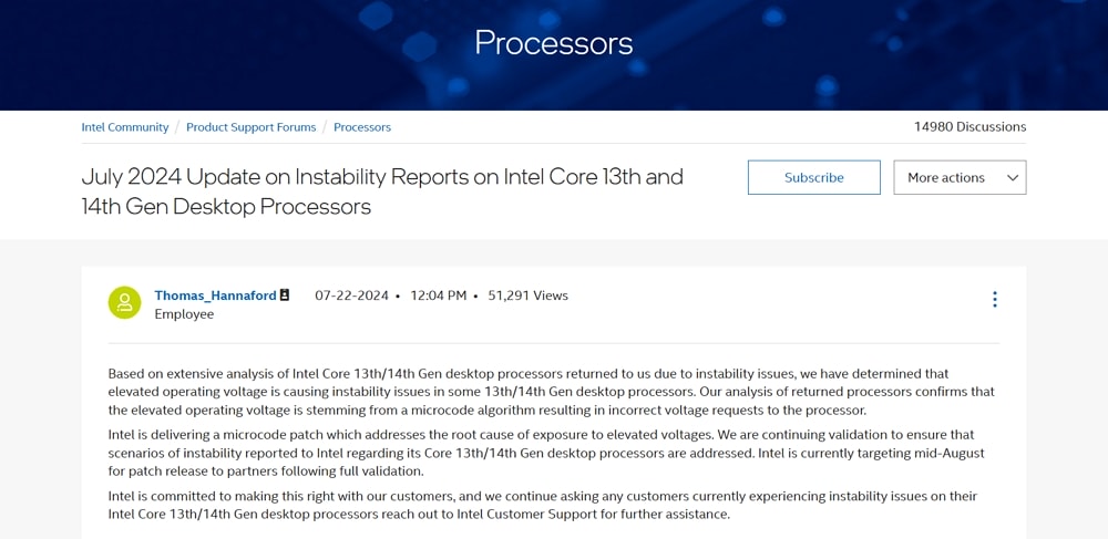 Intelの第13/14世代CPUの不安定性はマイクロコードの不具合に起因か、Intelがマイクロコードアルゴリズムの不備を認める