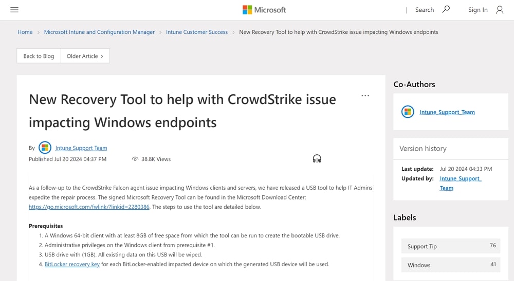 MicrosoftがWindowsのブルースクリーンを誘発したCrowdStrikeの不具合への対処方法を公開