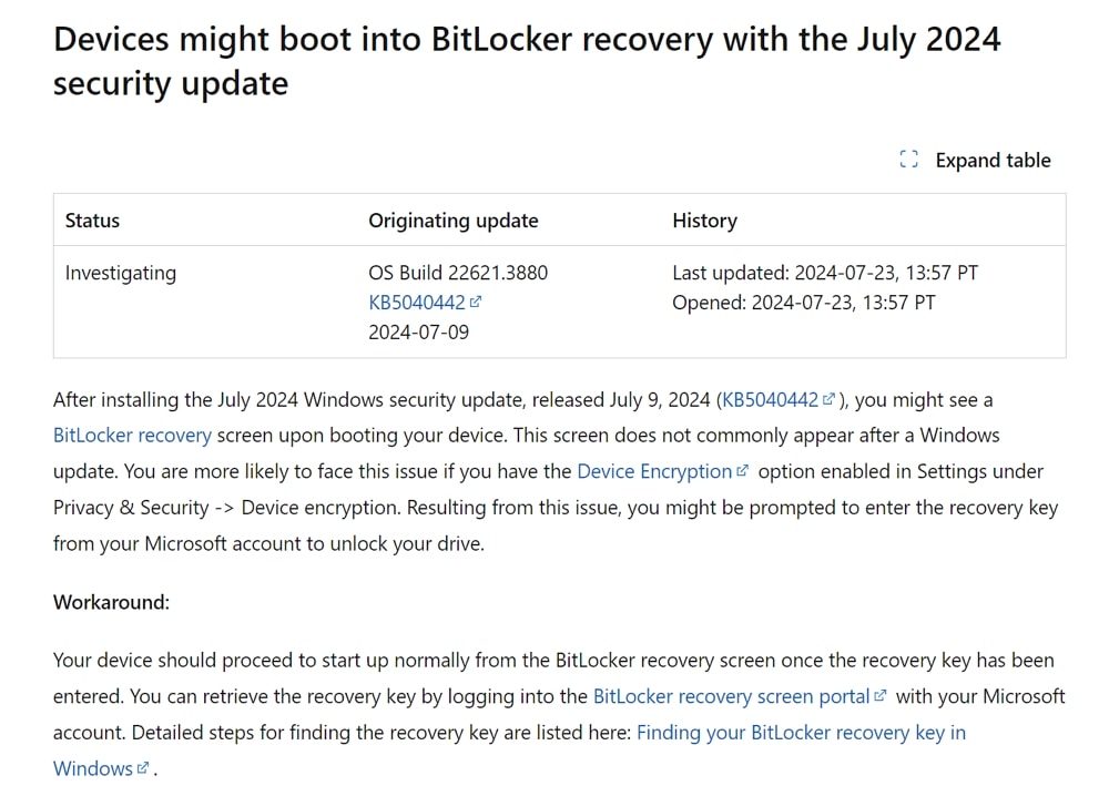 Windows PCで2024年7月のセキュリティ更新プログラムを適用後、BitLockerの回復画面で起動する不具合が発生