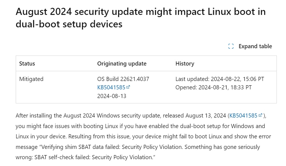 【Windows Update】2024年8月のパッチ適用でWindows/Linuxデュアルブートに不具合発生、対処方法あり