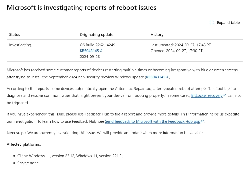 Windows 11：9月のオプションパッチ「KB5043145」で再起動ループやブルースクリーン発生の重大な不具合報告あり