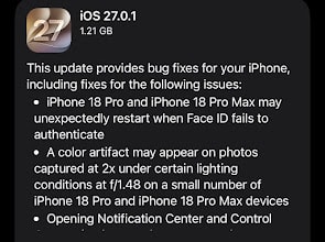 iOS 27.0.1が配信開始!iPhone 18 ProのFace ID再起動やタッチ不能など3件の不具合を修正【CVE番号ベースの修正なし】